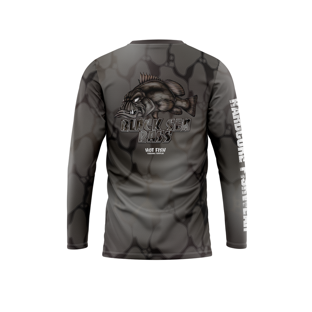 HOT FISH BLACK SEE BASS - Men’s Long Sleeve Fishing Shirt – UPF Protection - Gray - back