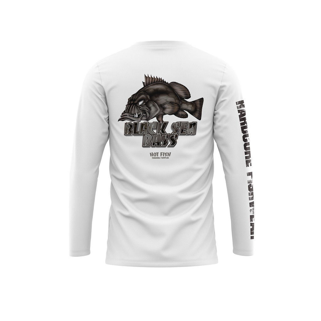 HOT FISH BLACK SEE BASS - Men’s Long Sleeve Fishing Shirt – UPF Protection - White - back