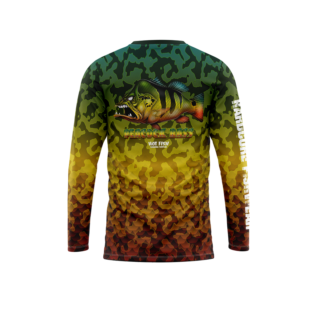HOT FISH PEACOCK BASS - Men’s Long Sleeve Fishing Shirt – UPF Protection - Green - back
