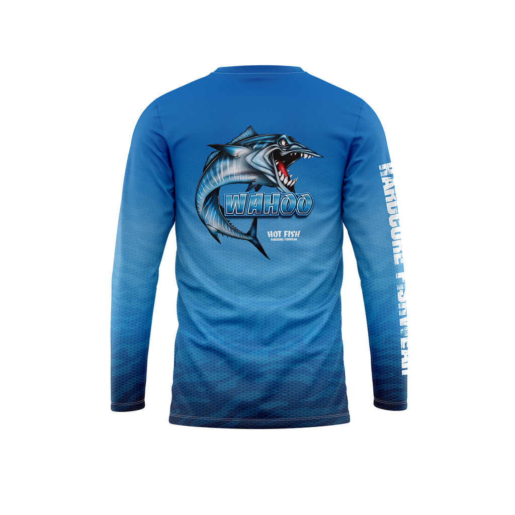 HOT FISH WAHOO - Men’s Long Sleeve Fishing Shirt – UPF Protection - Blue - back