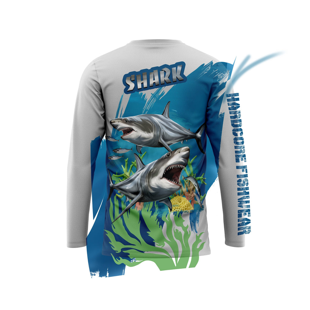 HOT FISH SHARK - Men’s Long Sleeve Fishing Shirt – UPF Protection - White - back